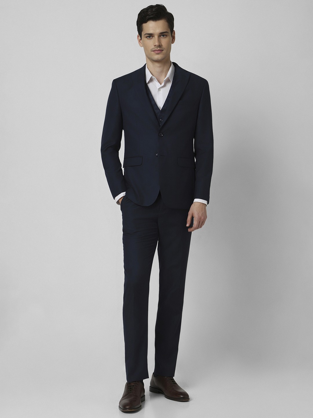 

Peter England Elite Printed Slim-Fit Single-Breasted Three-Piece Formal Suits, Navy blue