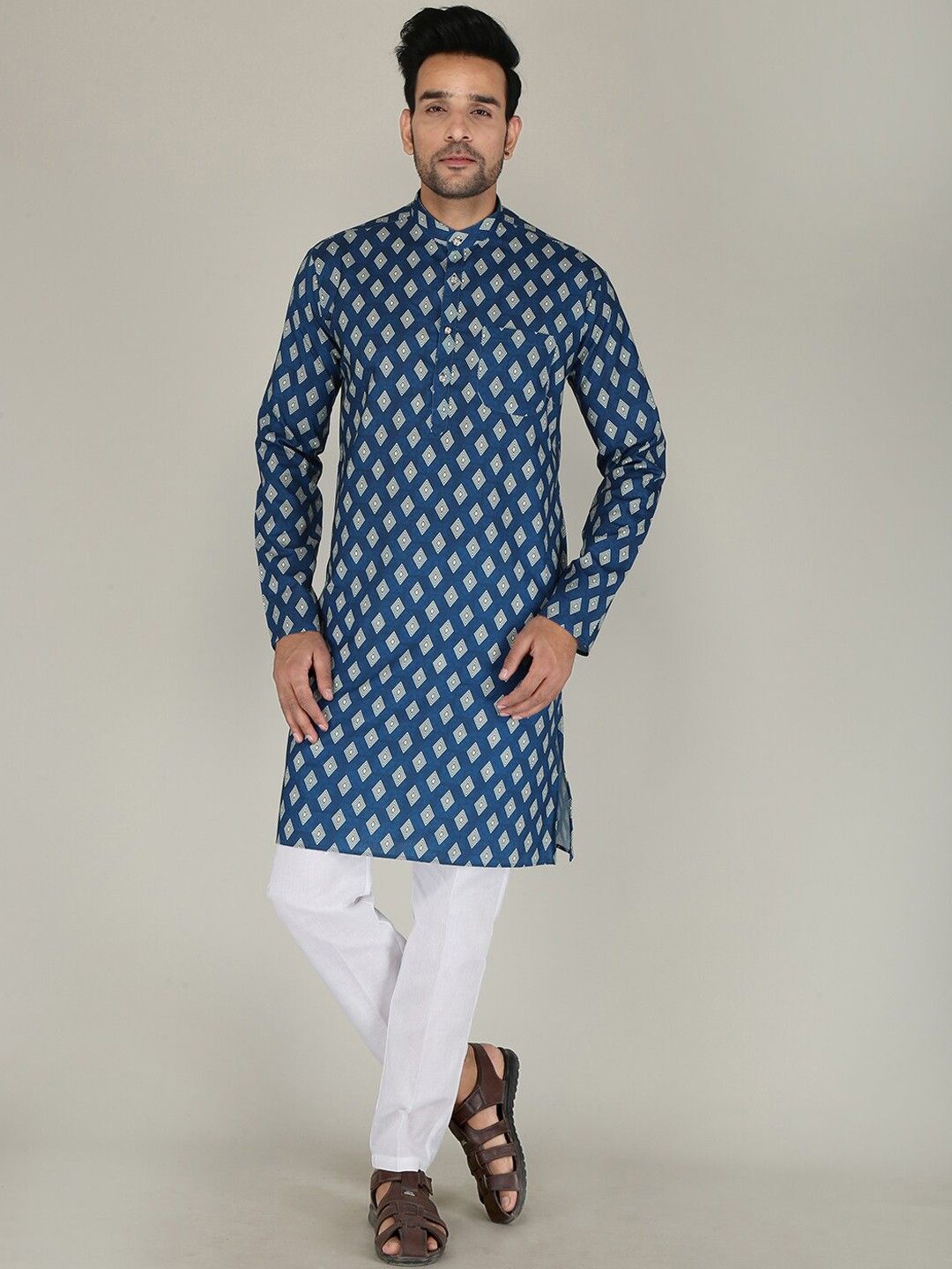 

PulseIQ Men Printed Regular Pure Cotton Kurta with Pyjamas, Blue