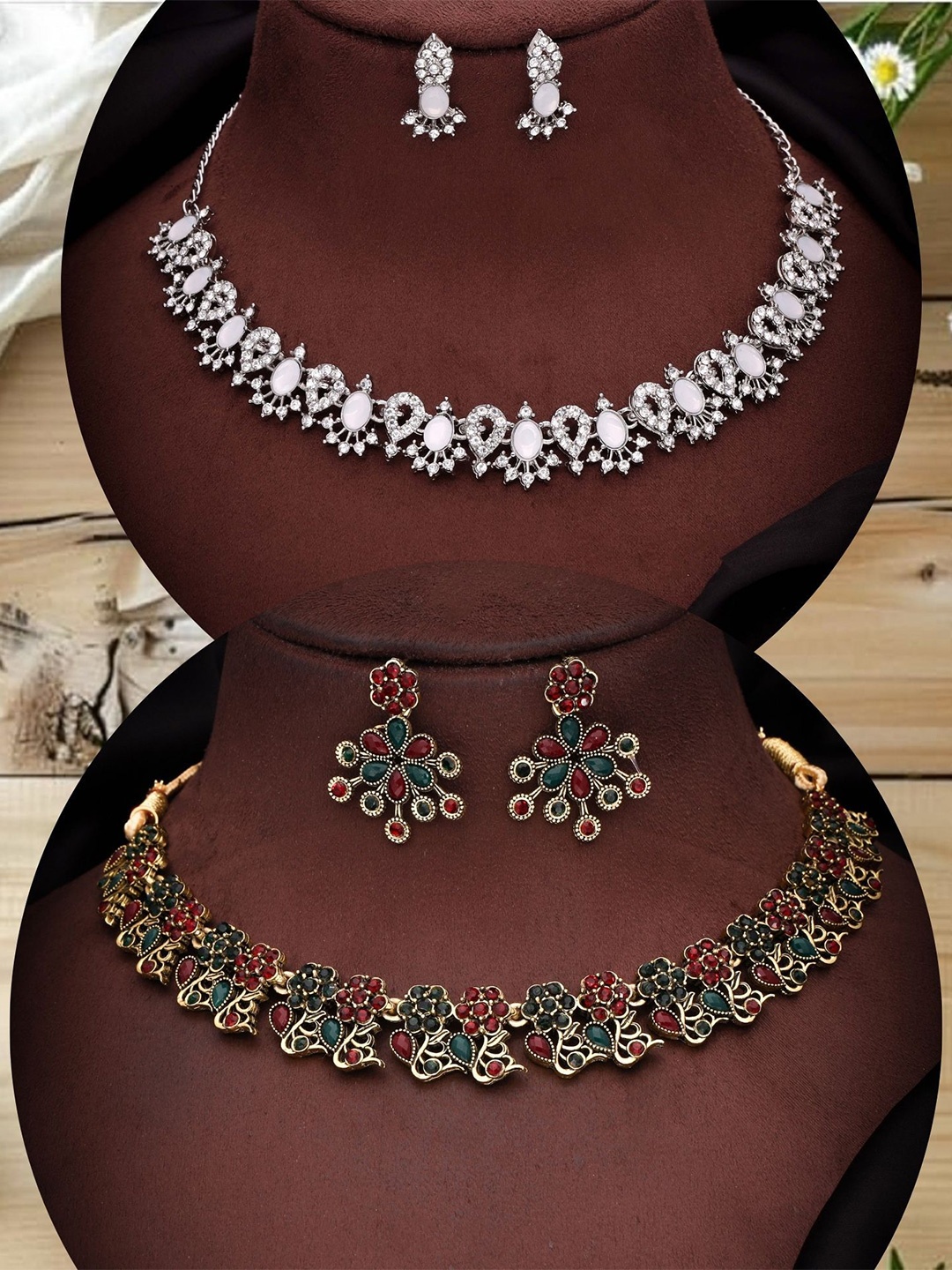 

DIVASTRI Set Of 2 Gold Plated Artificial Stones Studded Necklace With Earrings, Silver