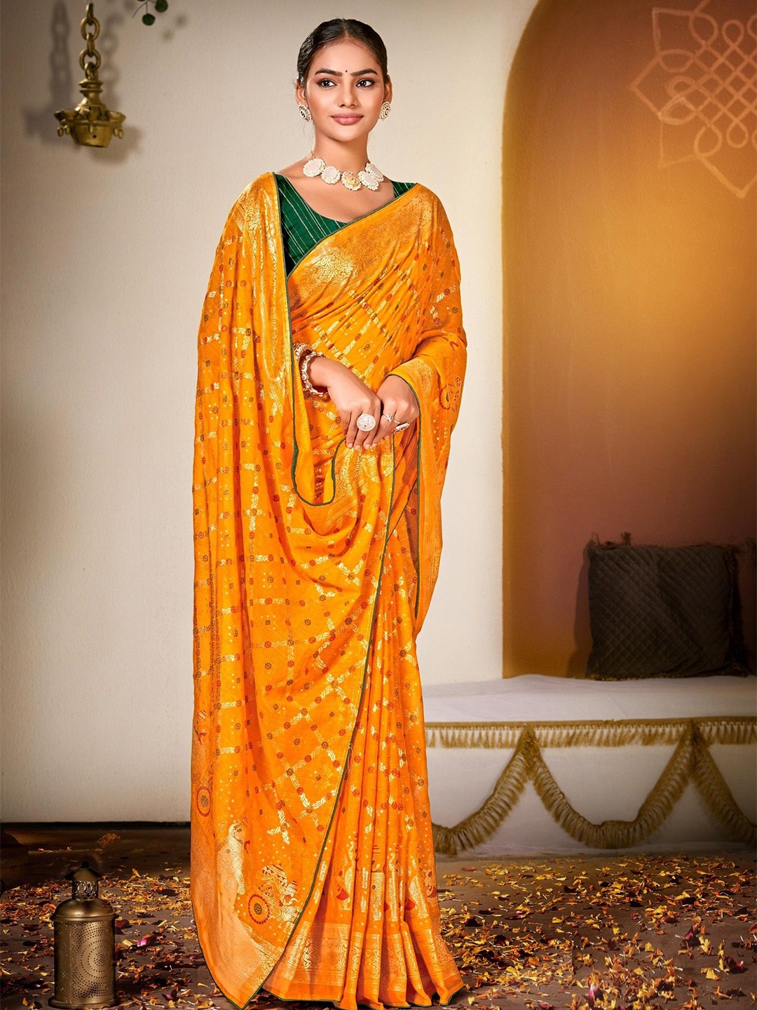 

Reboot Fashions Embellished Silk Blend Handloom Bhagalpuri Saree, Mustard