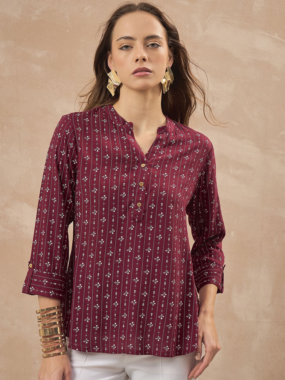 

all about you Geometric Print Mandarin Collar Roll-Up Sleeves Empire Top, Maroon