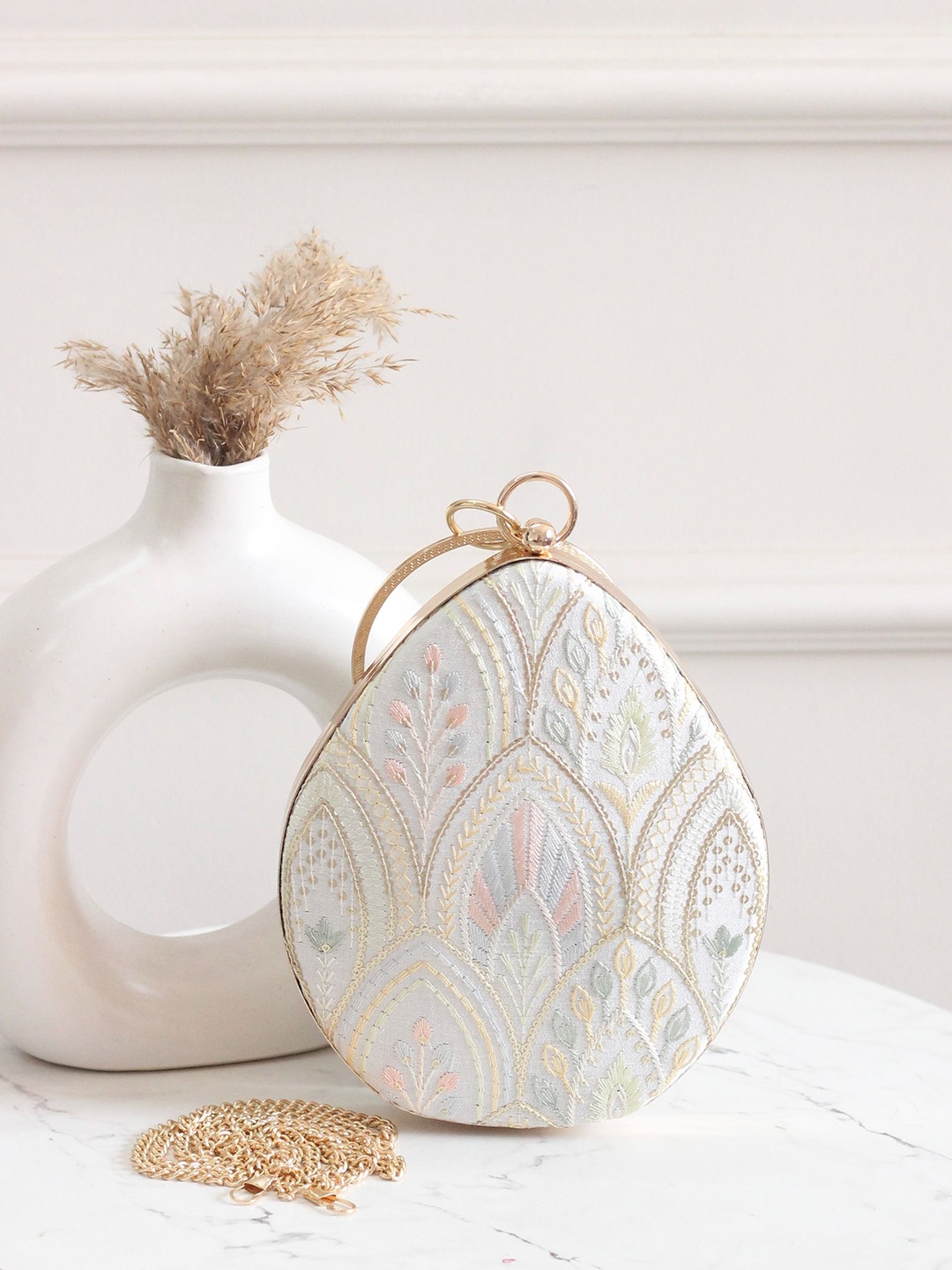 

BOXWISH BY BHUMIKA Embellished Half Moon Clutch with Cut Work, White