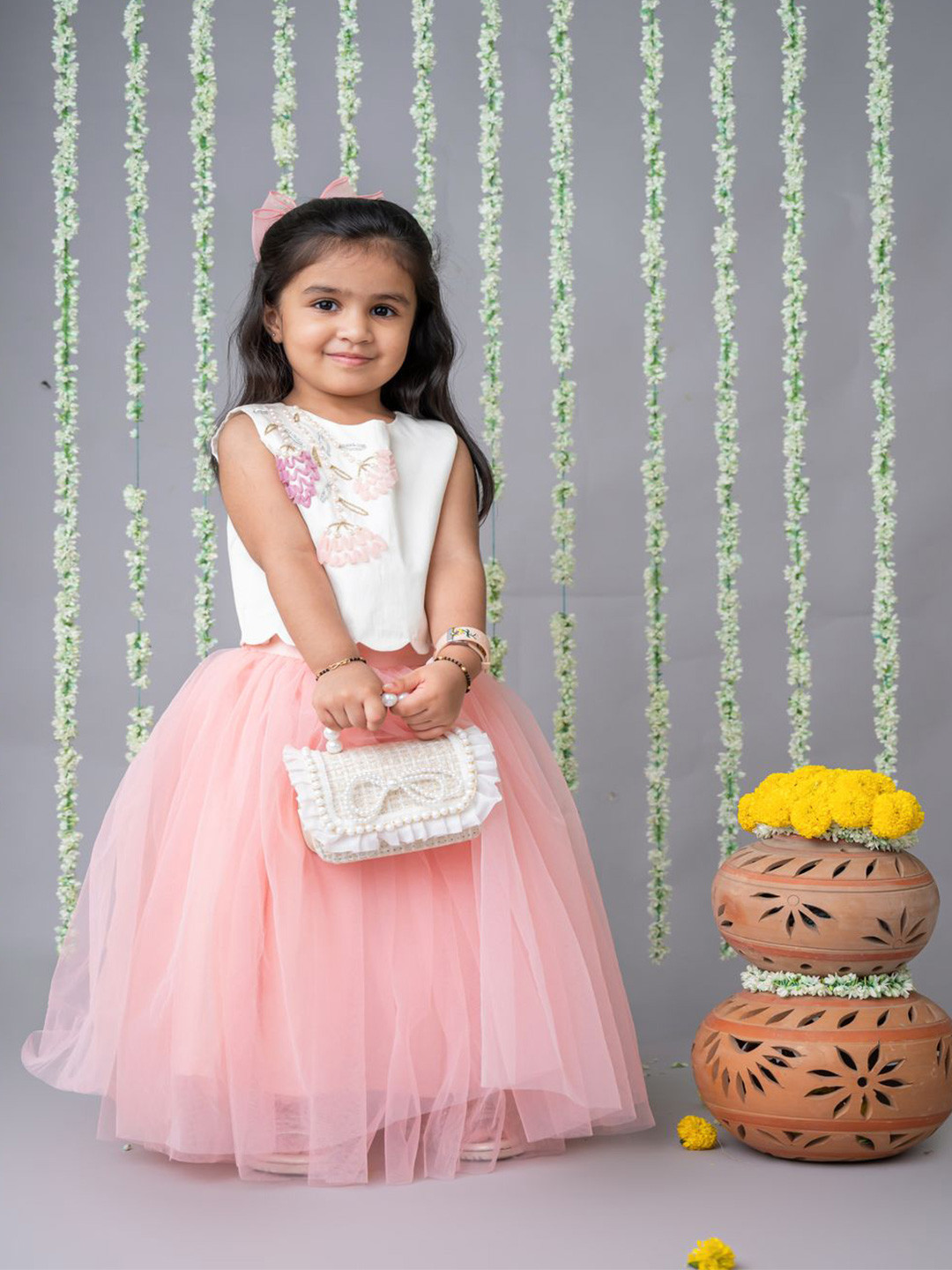 

LABEL NEETI Girls Embroidered Stones And Beads Ready to Wear Top With Skirt, Pink