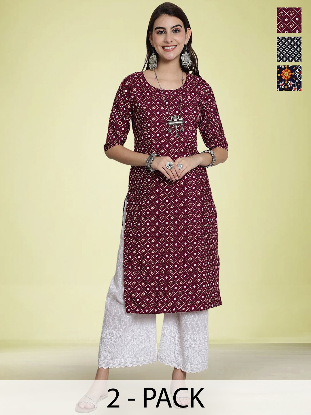 

Moda Rapido Selection Of 3 Floral Printed Round Neck Straight Kurtas, Black