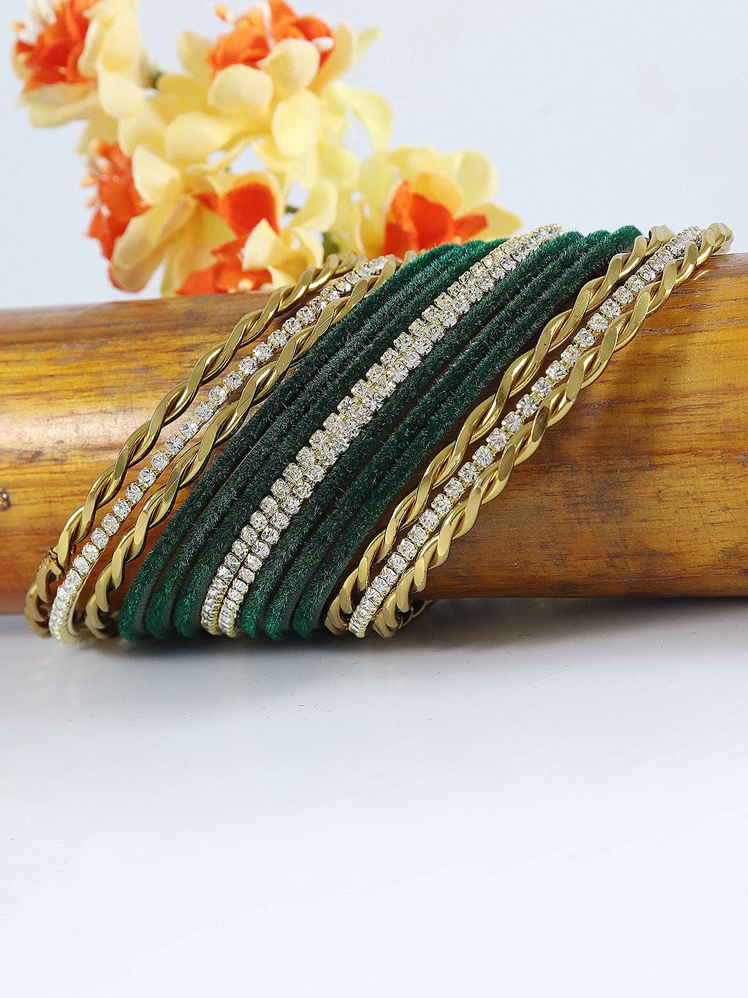 

ZULKA Set Of 28 Cubic Zirconia Stones Studded Velvet Bangles, Gold