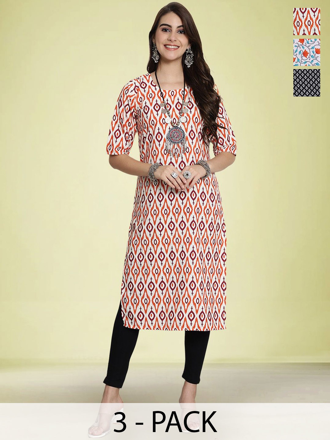 

Moda Rapido Selection Of 3 Floral Printed Round Neck Straight Kurtas, Orange