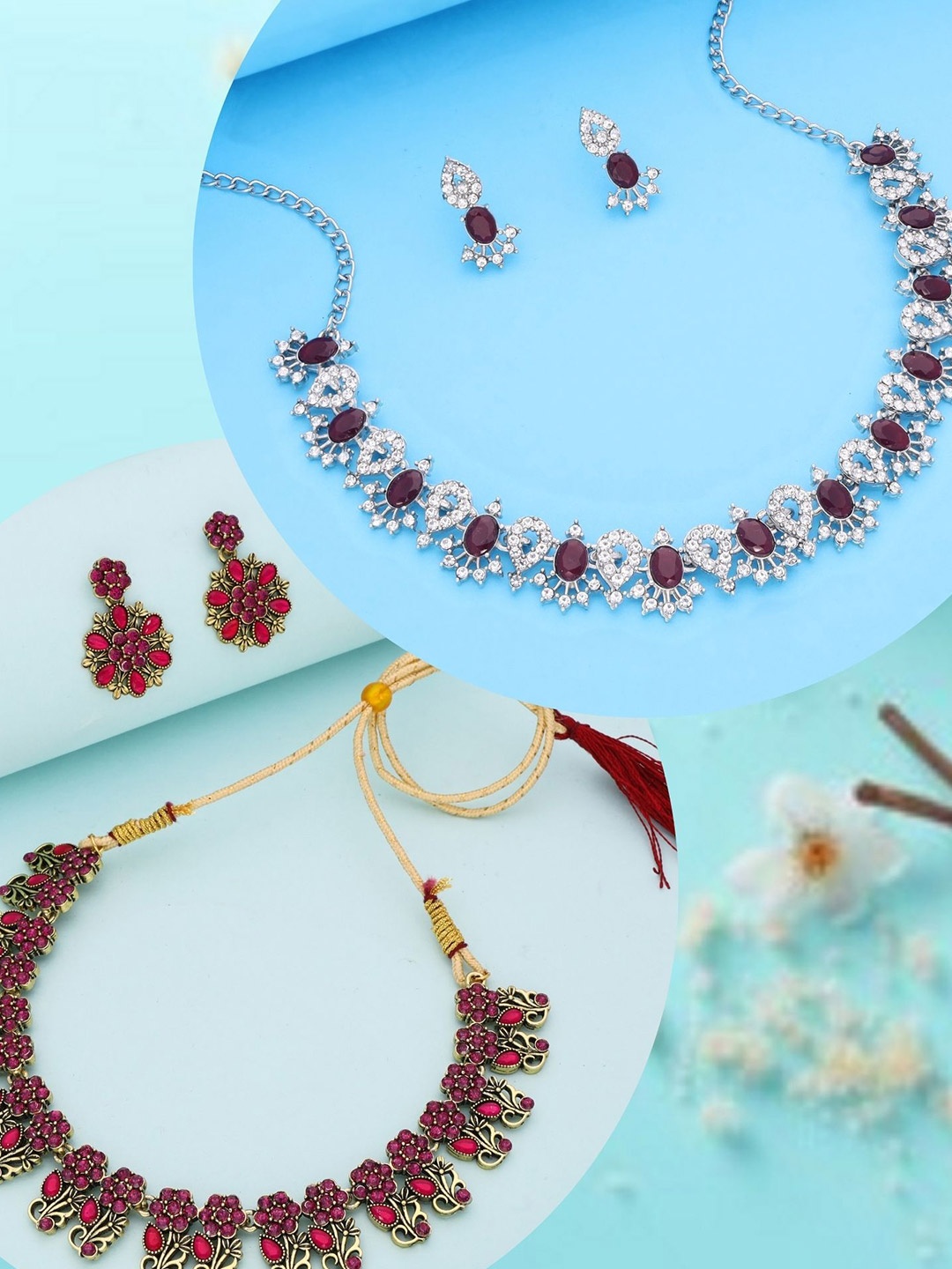 

DIVASTRI Set Of 2 Gold-Plated & Silver-Plated Stone-Studded Jewellery Sets