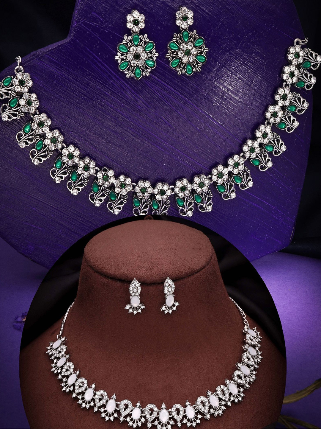 

DIVASTRI Set Of 2 Silver Plated American Diamonds Studded Jewellery Set