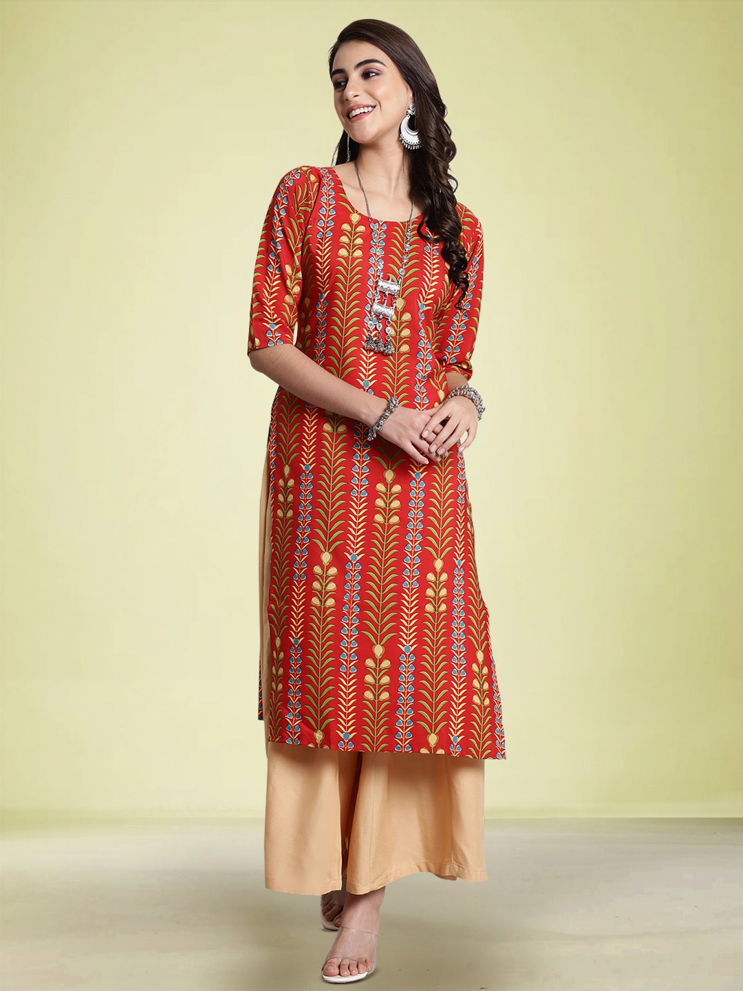 

Moda Rapido Selection Of 3 Floral Printed Round Neck Straight Kurtas, Red