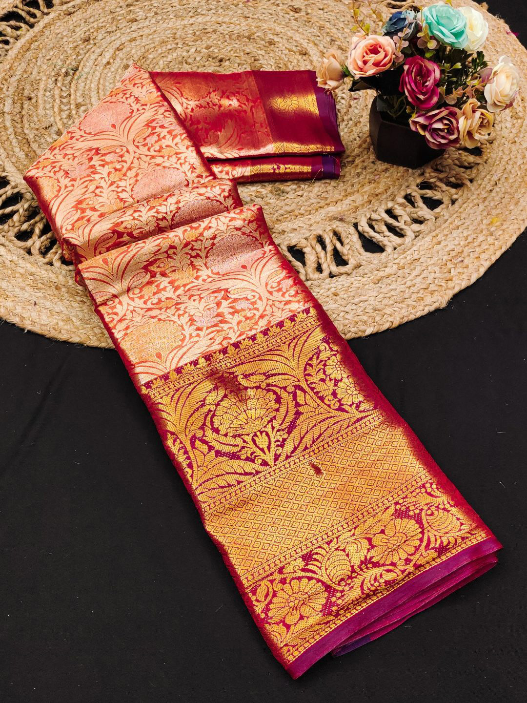 

Mitera Woven Design Zari Pure Silk Kanjeevaram Saree, Orange