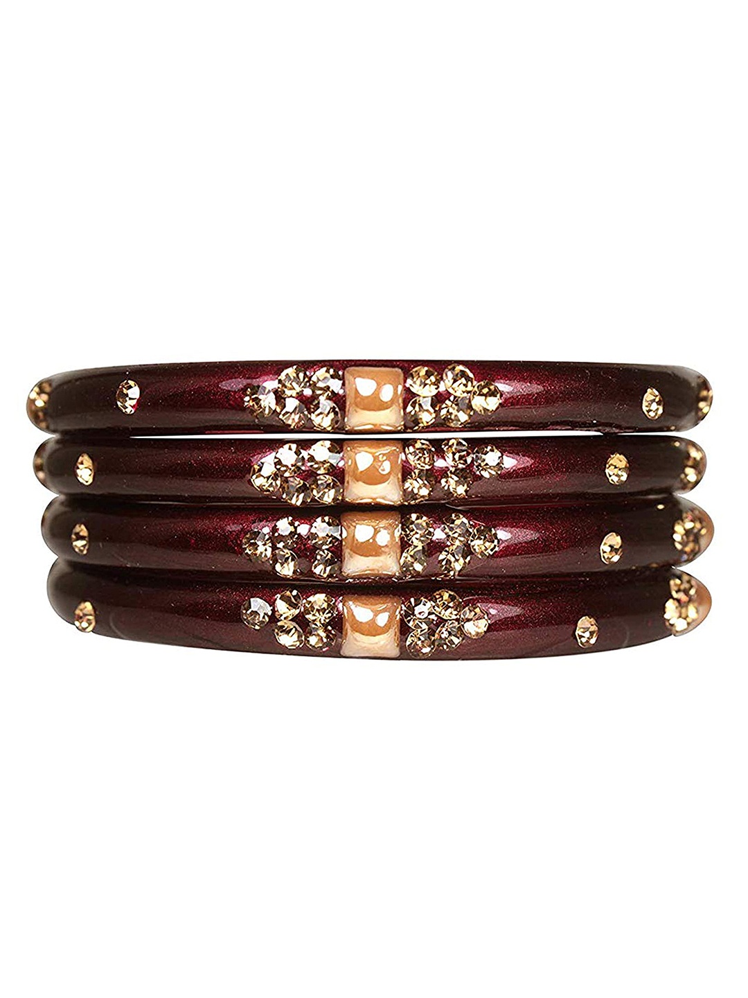 

ZULKA Set Of 4 Zircon Gemstone Studded With Beads Bangles, Maroon
