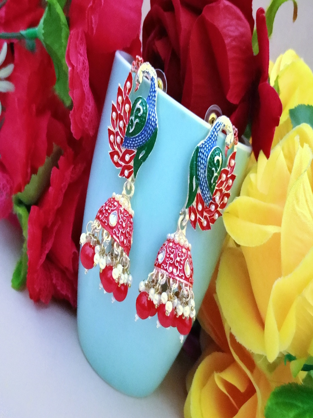 

DIVASTRI Peacock Shaped Gold-Plated Artificial Beads Beaded Jhumkas Earrings, Red