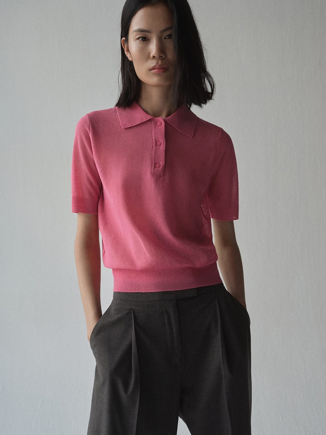 

MANGO Polo Collar Knitted T-shirt, Pink