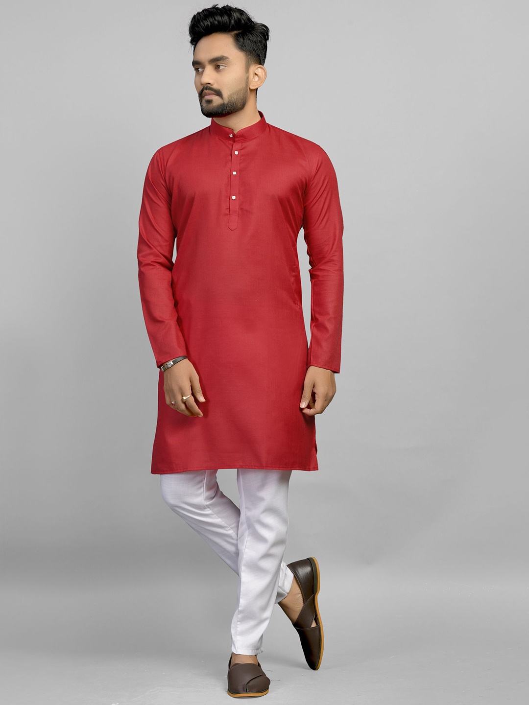 

Fashion FRICKS Band Collar Cotton Straight Kurta, Red