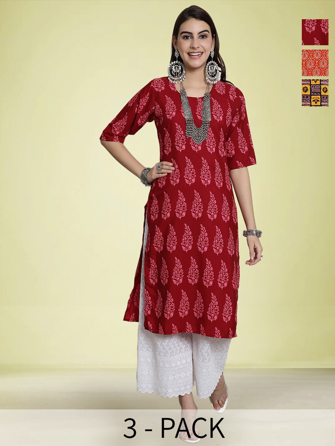 

Moda Rapido Selection Of 3 Floral Printed Round Neck Straight Kurtas, Red