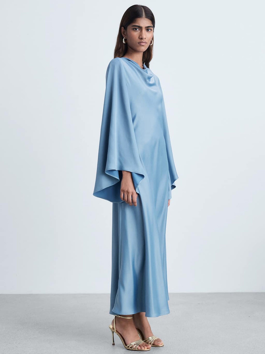 

MANGO Cowl Neck Flared Sleeve Maxi Dress, Blue