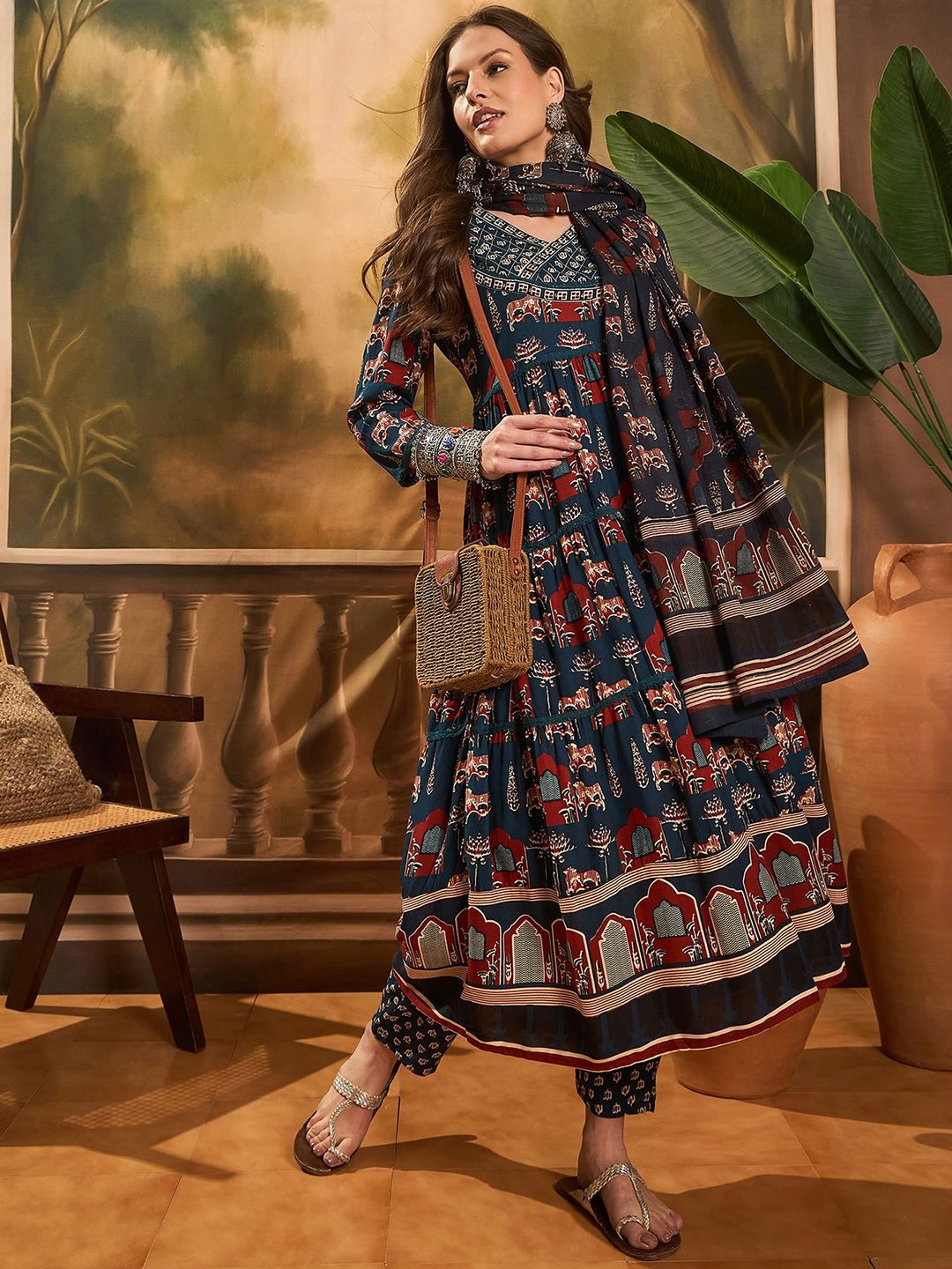 

Sangria Ethnic Motif Print Pure Cotton A-Line Kurta With Trousers & Dupatta, Navy blue