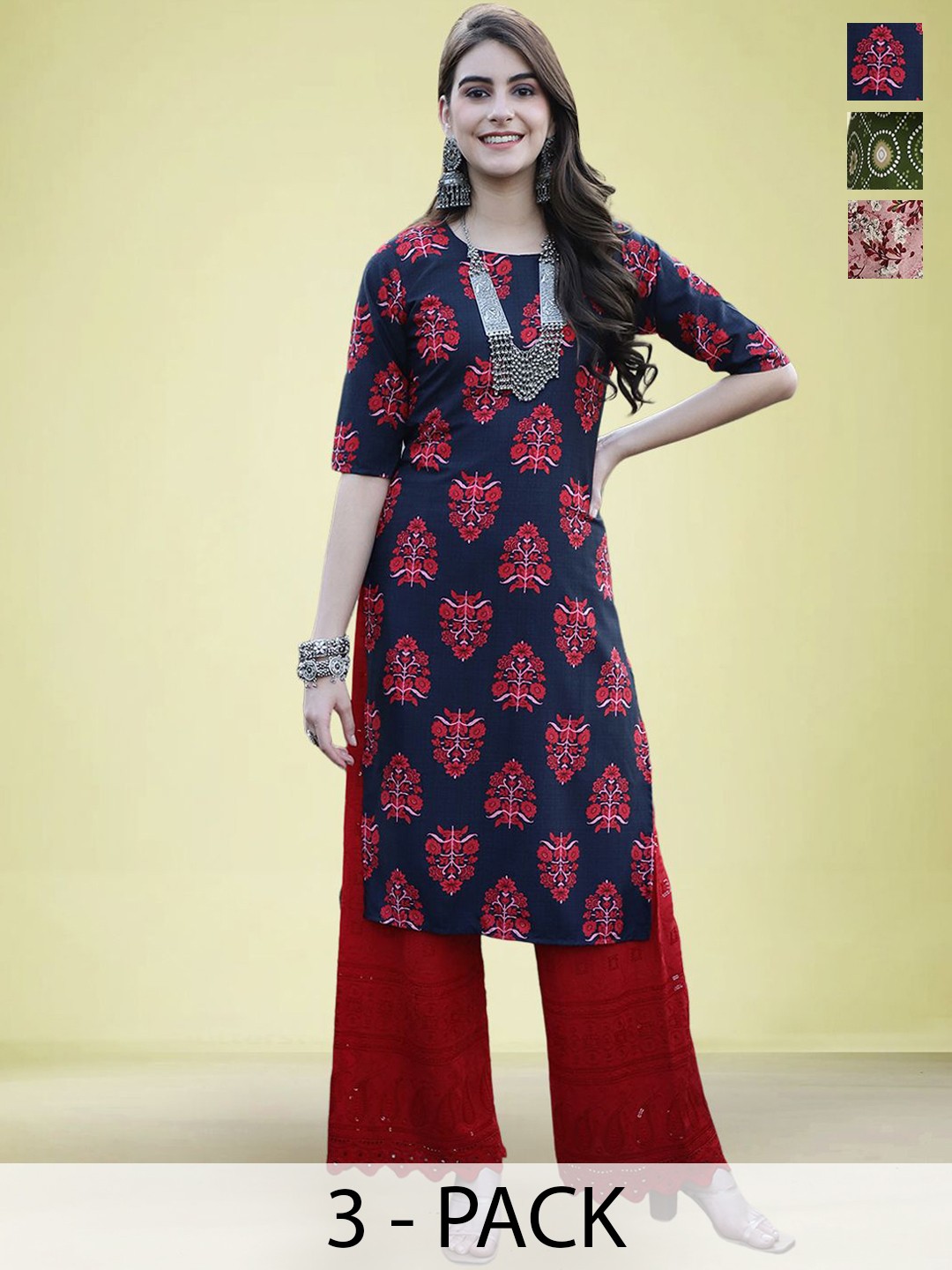 

Moda Rapido Selection Of 3 Floral Printed Round Neck Straight Kurtas, Blue