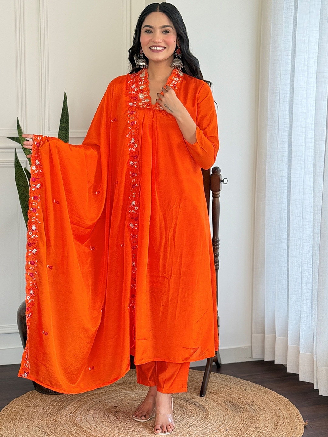 

KALINI Women Floral Yoke Design Pleated Thread Work Kurta with Trousers & With Dupatta, Orange