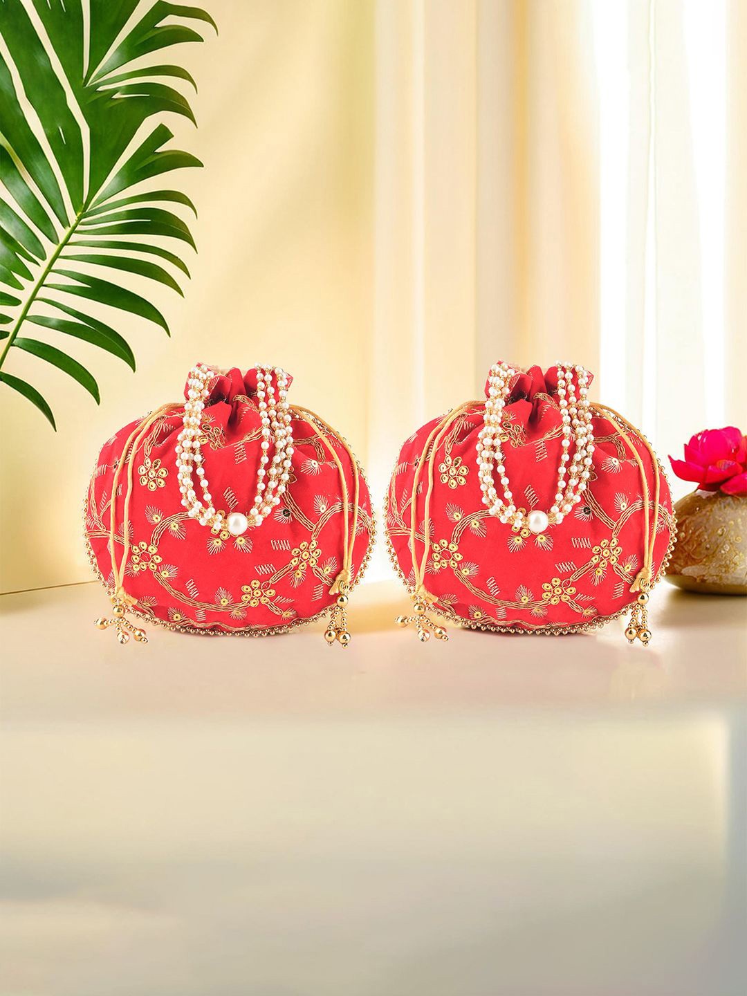 

Kuber Industries 2 Pcs Polyester Potli Bags for Women Embroidered Potli Clutch, Red