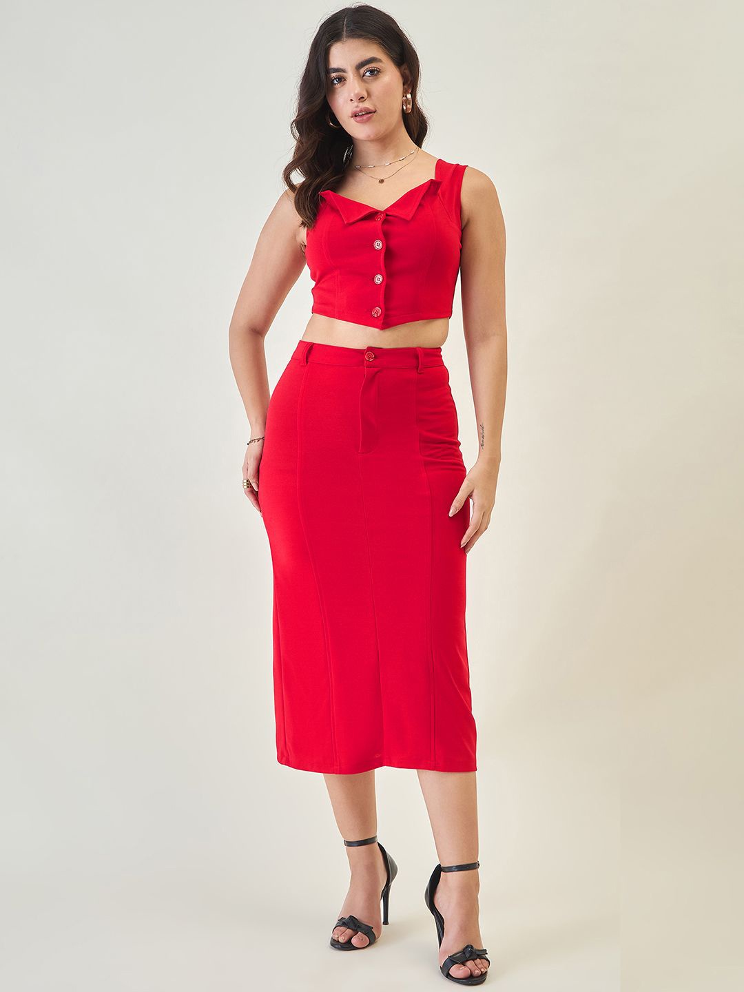 

aayu Square Neck Top With Skirt, Red