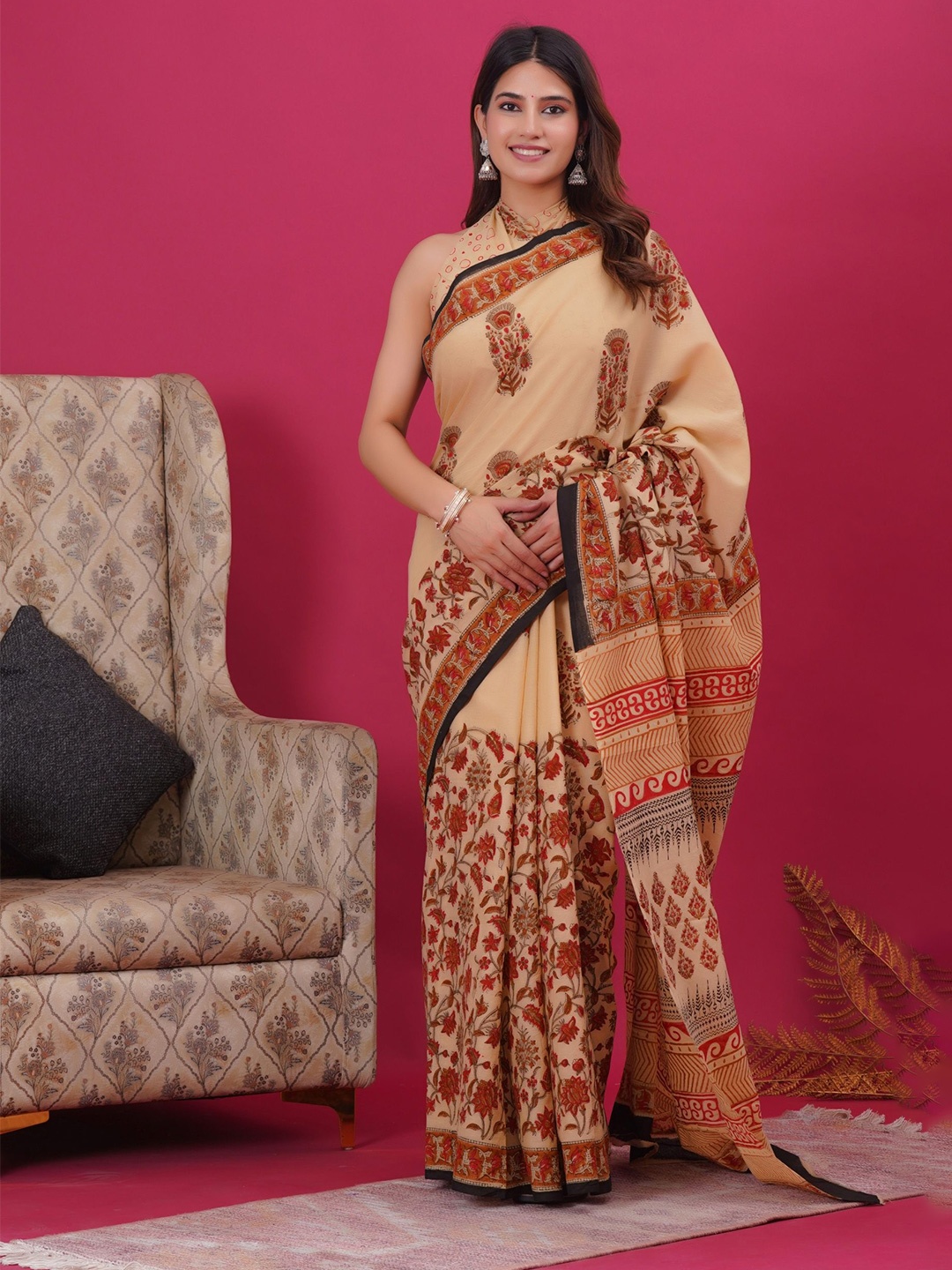 

Shivanya Handicrafts Floral Pure Cotton Block Print Saree, Brown