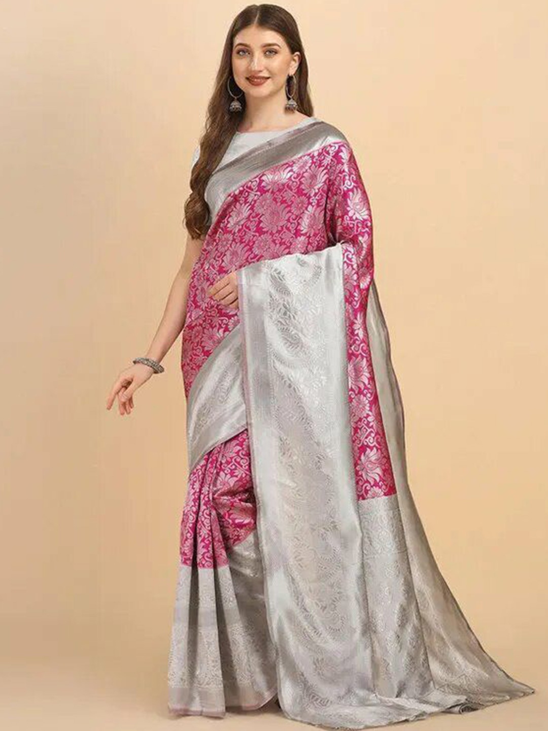 

VILLE FASHION Woven Design Zari Art Silk Kanjeevaram Saree, Pink