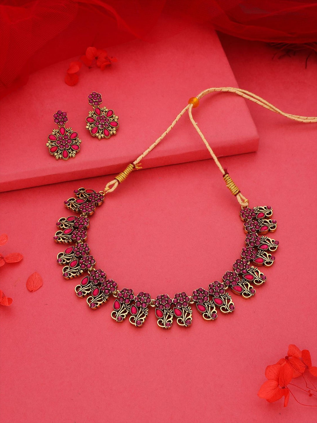 

DIVASTRI Set Of 2 Silver Plated & Gold Plated American Diamond Studded Jewellery Sets