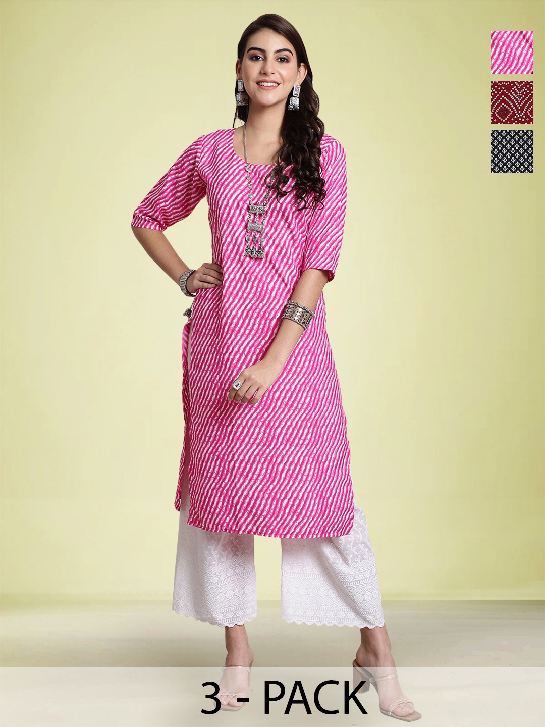 

Moda Rapido Selection Of 3 Leheriya Printed Round Neck Straight Kurtas, Pink