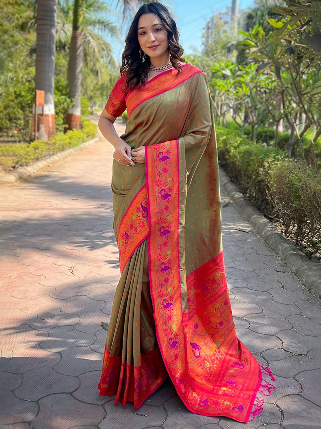 

all about you Woven Design Zari Silk Blend Paithani Saree, Olive