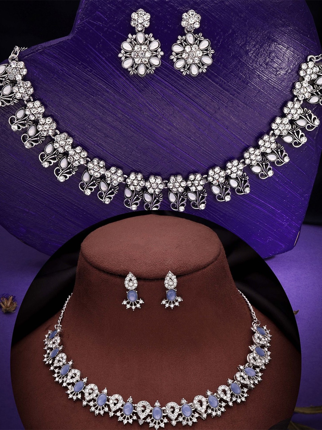 

DIVASTRI Set Of 2 Silver-Plated American Diamond Stone Studded Jewellery Sets