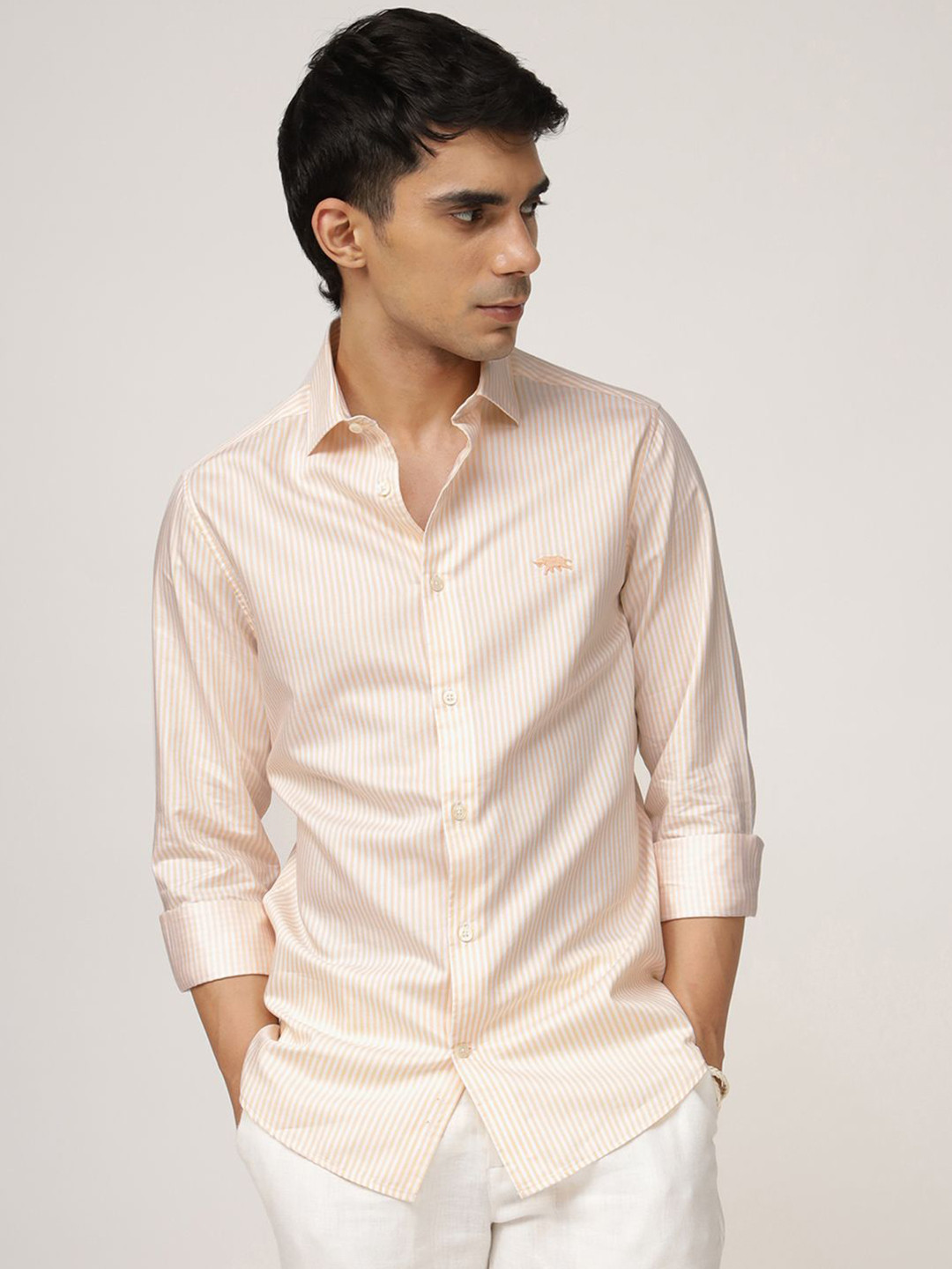 

Andamen Men Premium Slim Fit Opaque Striped Casual Shirt, Orange