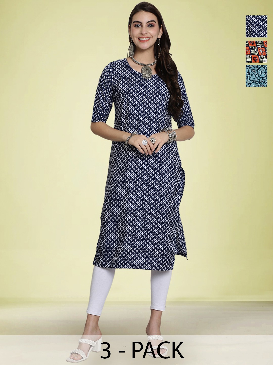 

Moda Rapido Selection Of 3 Floral Printed Round Neck Straight Kurtas, Blue
