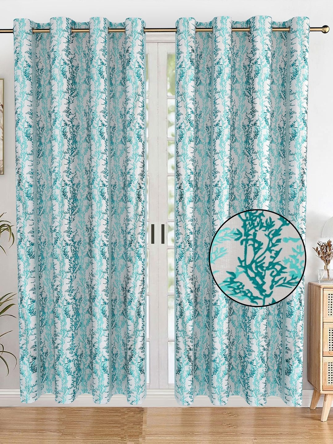 

AVI Turquoise Blue & White Set of 2 Floral Long Door Curtain