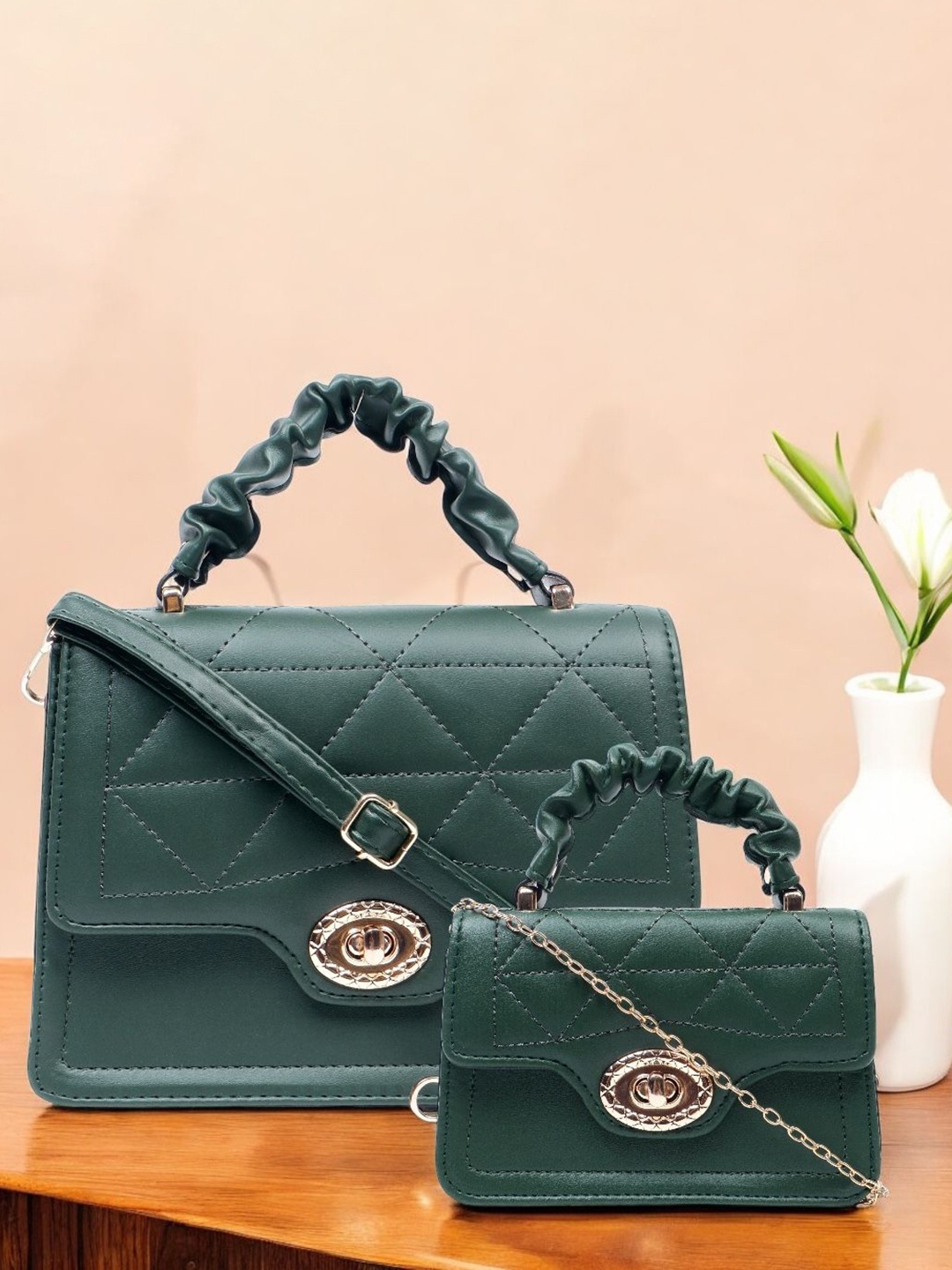 

Pramadda Pure Luxury Embellished PU Satchel with Quilted, Green
