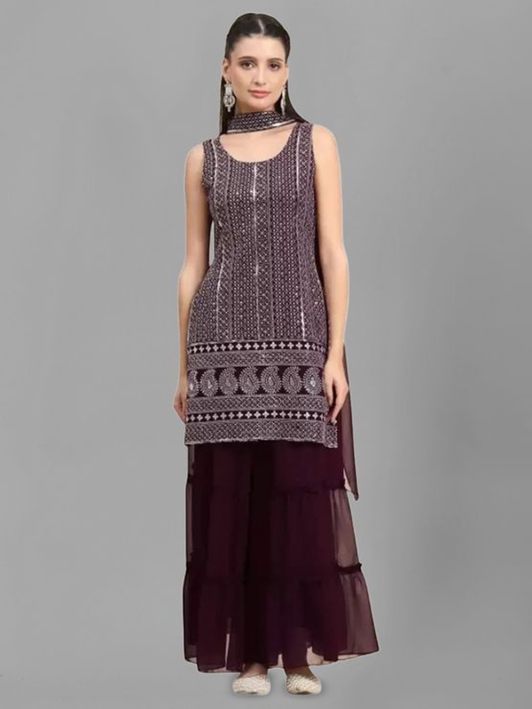

PARROT CREATION Floral Embroidered Sequinned Georgette Kurti With Palazzos And Dupatta, Maroon