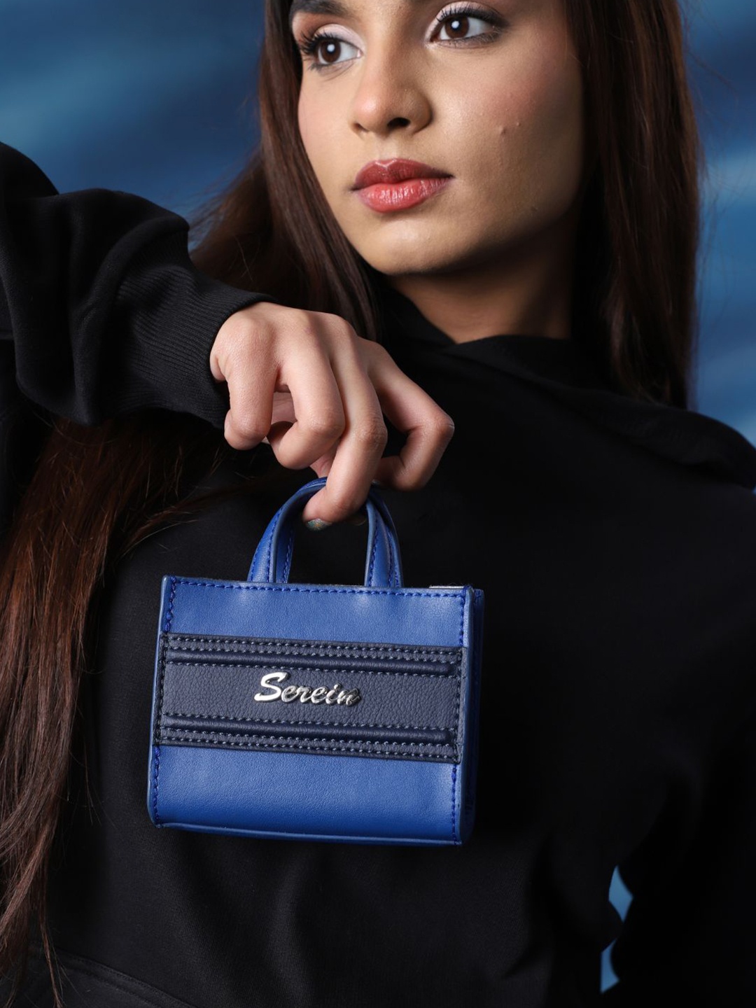 

SEREIN Oversized Structured Tote Bag with Cut Work, Blue