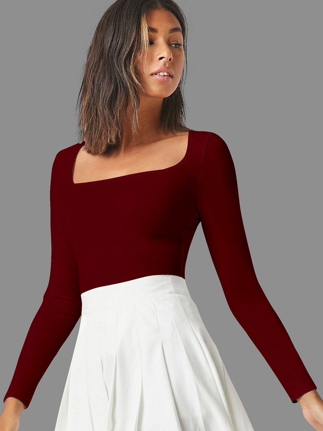 

Dream Beauty Fashion Women Square Neck Long Sleeves Fitted Top, Maroon