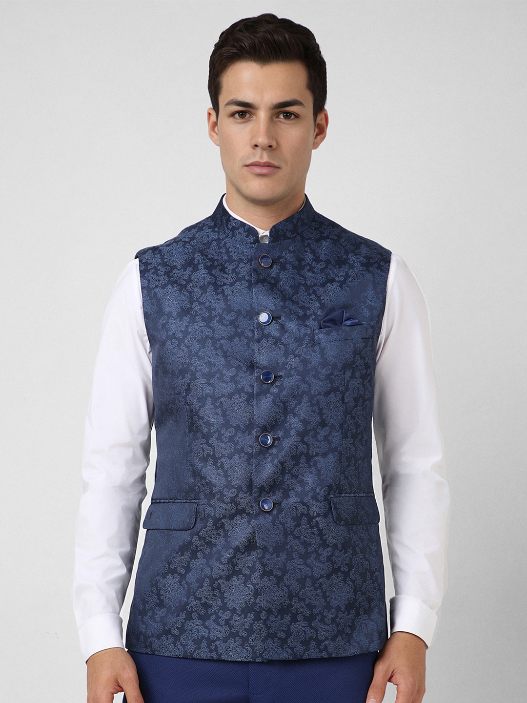 

Van Heusen Printed Woven Nehru Jacket, Navy blue