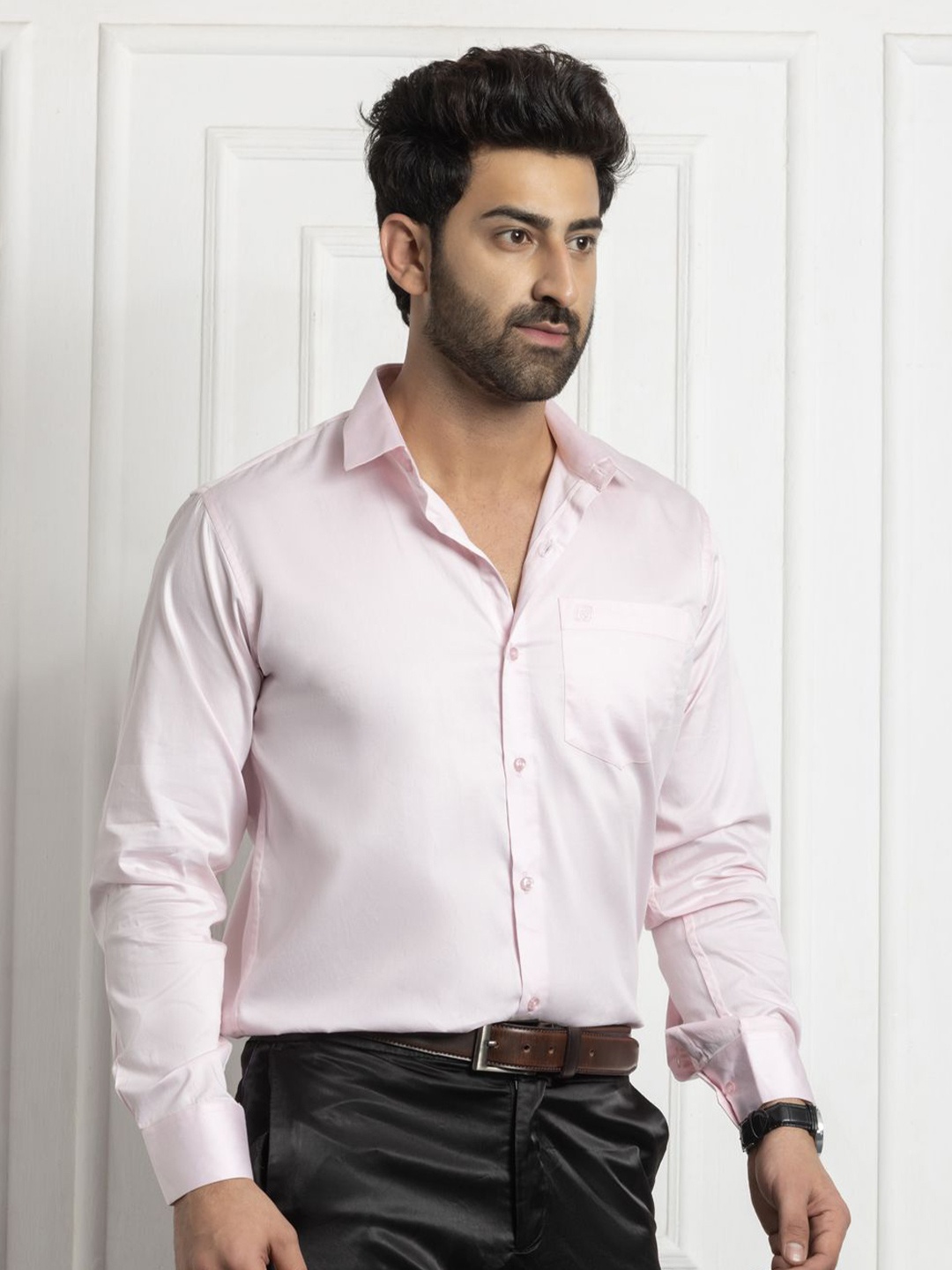 

FILO HEVIS Men Formal Cotton Satin Shirt with Pocket, Pink