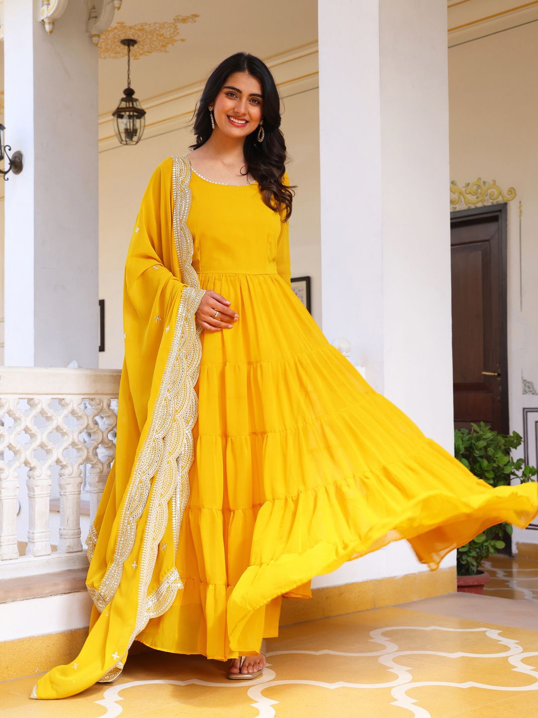 

KALINI Women Tiered Kurta with Pyjamas & With Dupatta, Yellow
