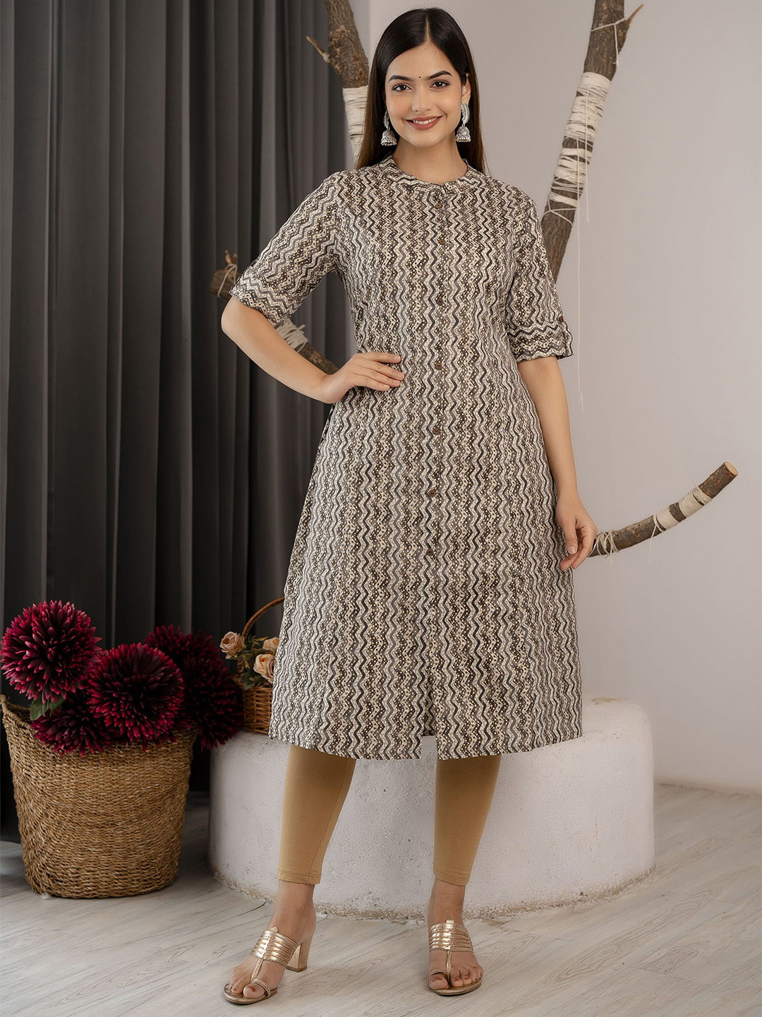 

TRIVEDI Printed Mandarin Collar Pure Cotton Ethnic A-line Kurta, Grey