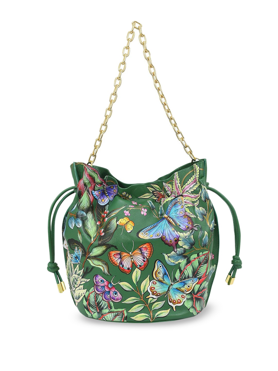 

Anuschka Hand PaintedDancing Leaves Leather Drawstring Bucket Bag, Green