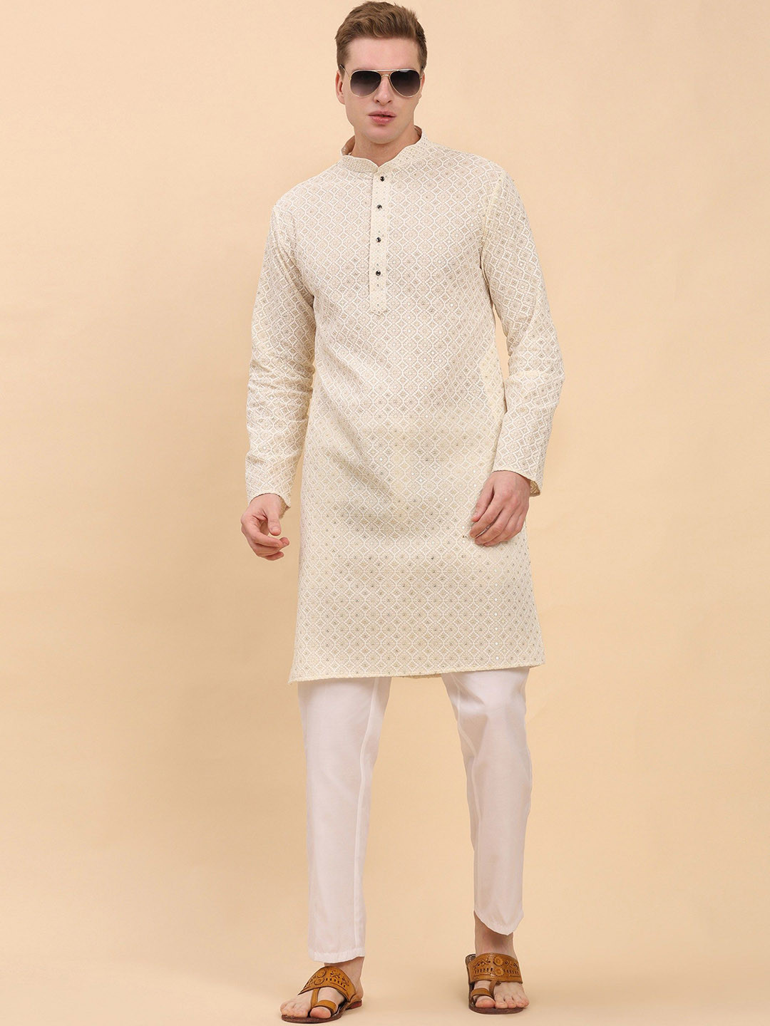 

Pro-Ethic STYLE DEVELOPER Geometric Embroidered Sequinned Cotton Straight Kurta, Cream