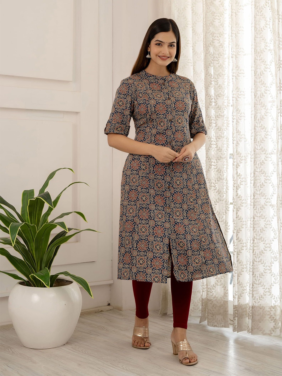 

TRIVEDI Printed Mandarin Collar Pure Cotton Ethnic A-line Kurta, Navy blue