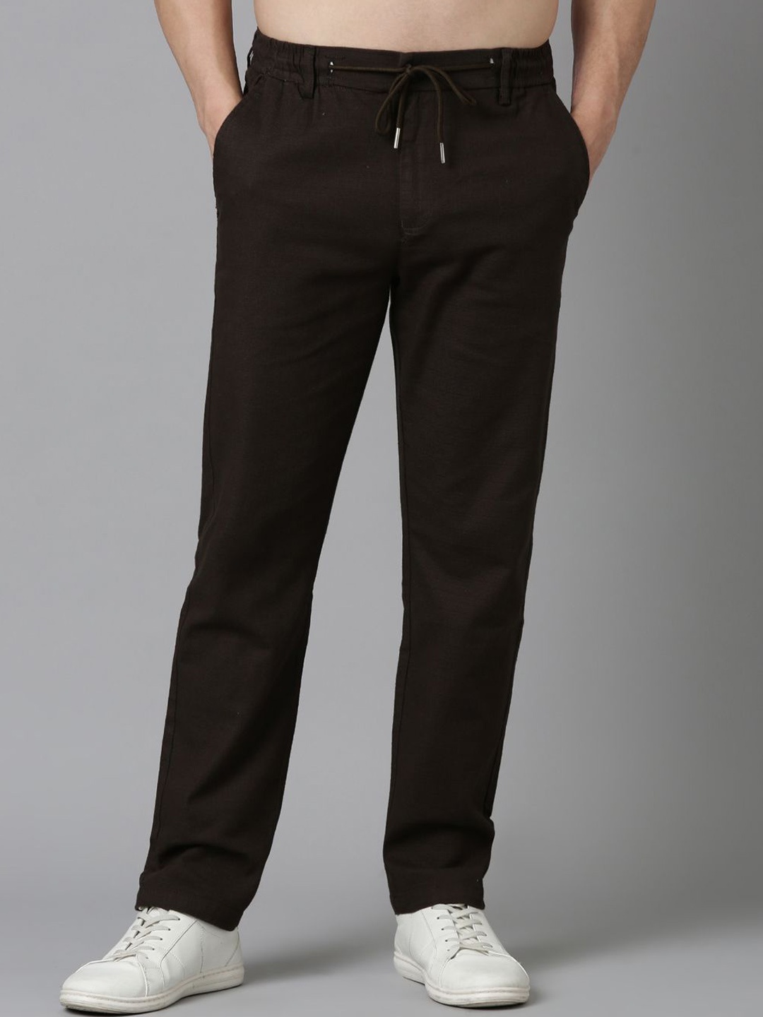 

THE BEETEL HOUSE Men Relaxed Fancy Linen Trousers, Brown