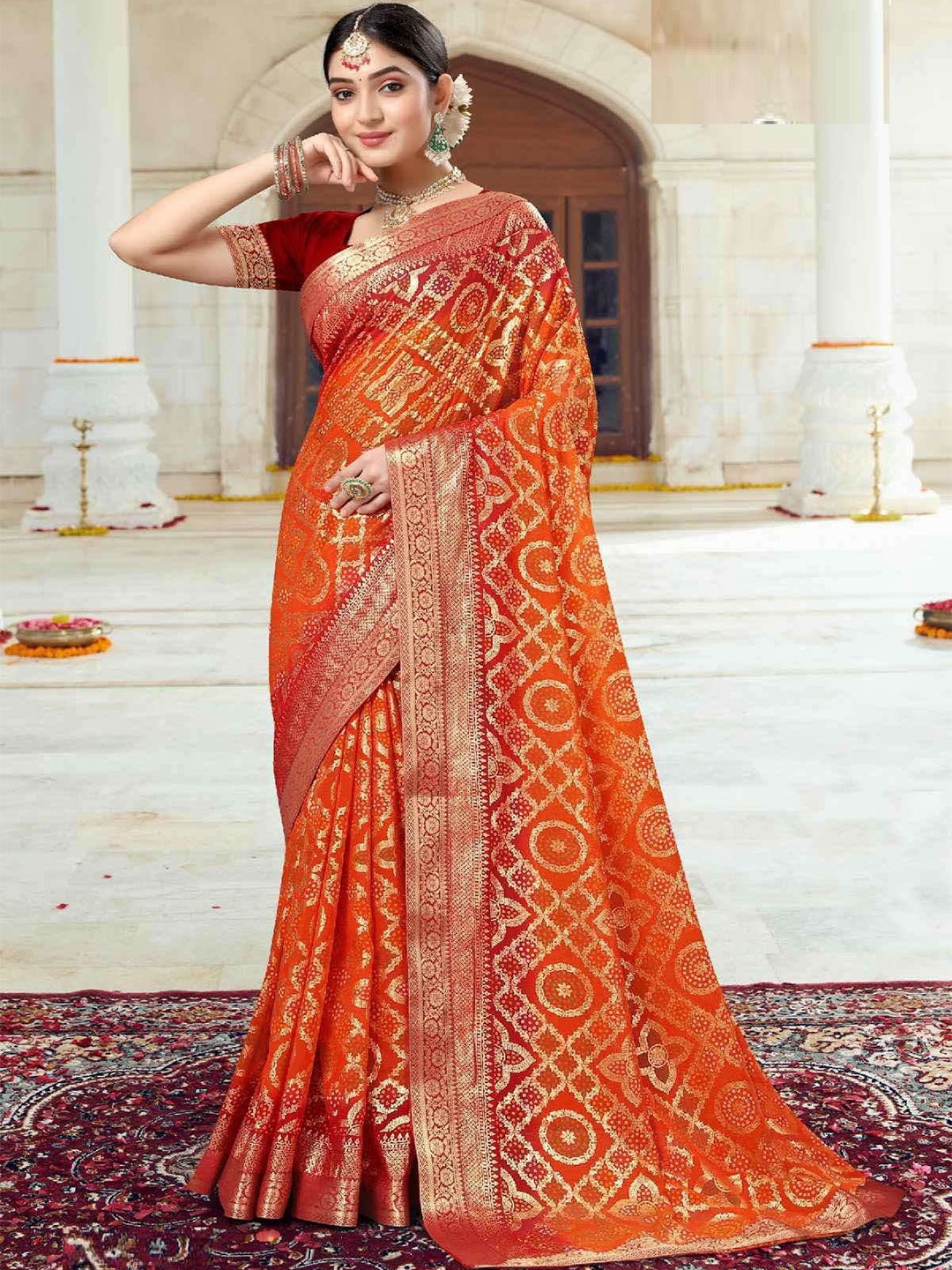 

Reboot Fashions Zari Pure Georgette Block Print Saree, Orange