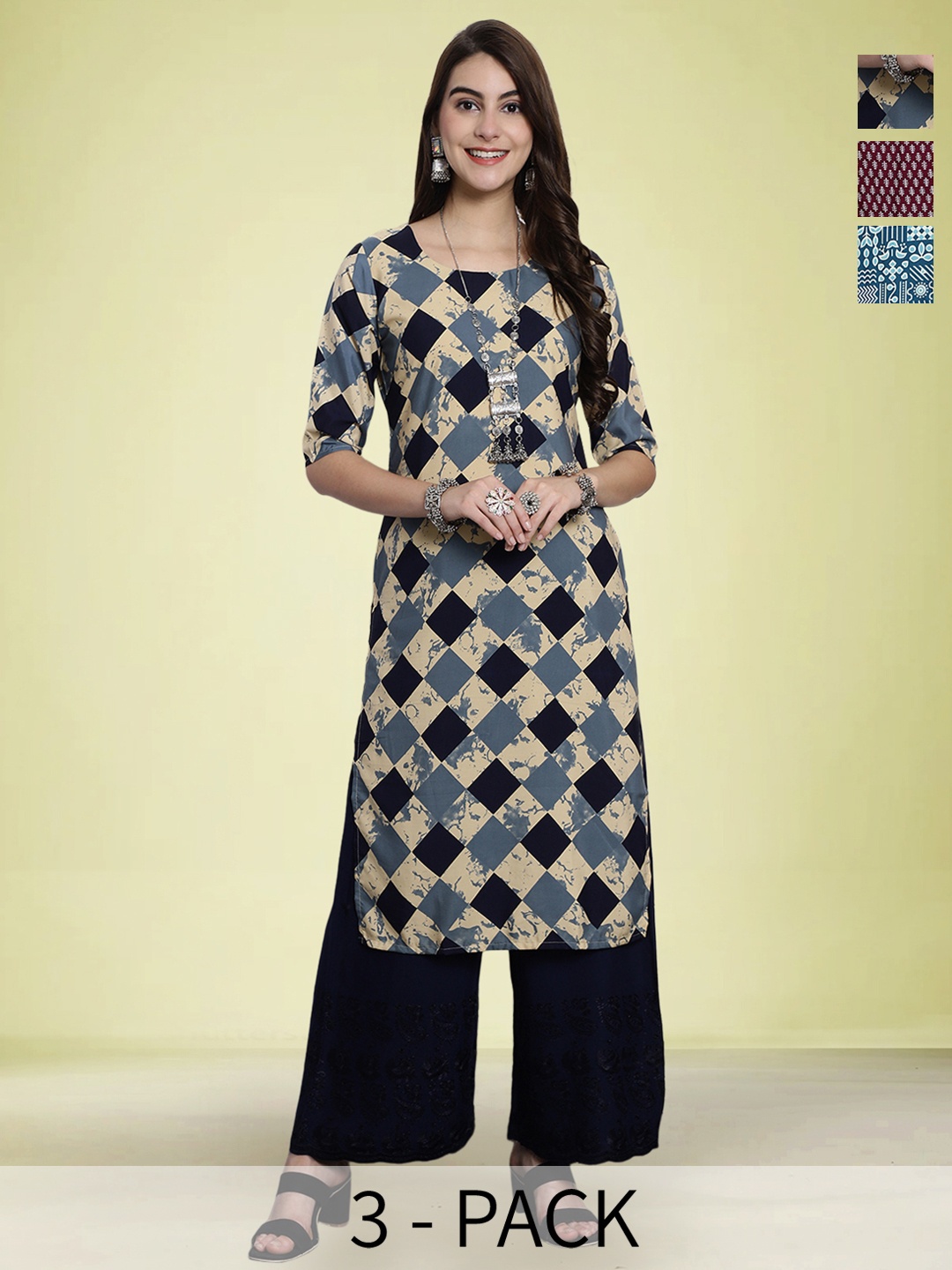 

Moda Rapido Selection Of 3 Floral Printed Round Neck Straight Kurtas, Blue