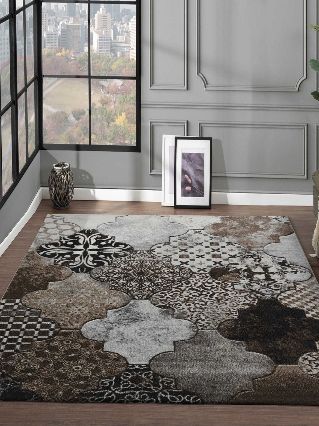

OBSESSIONS Brown Ethnic Motifs Anti-Skid Polypropylene Carpet