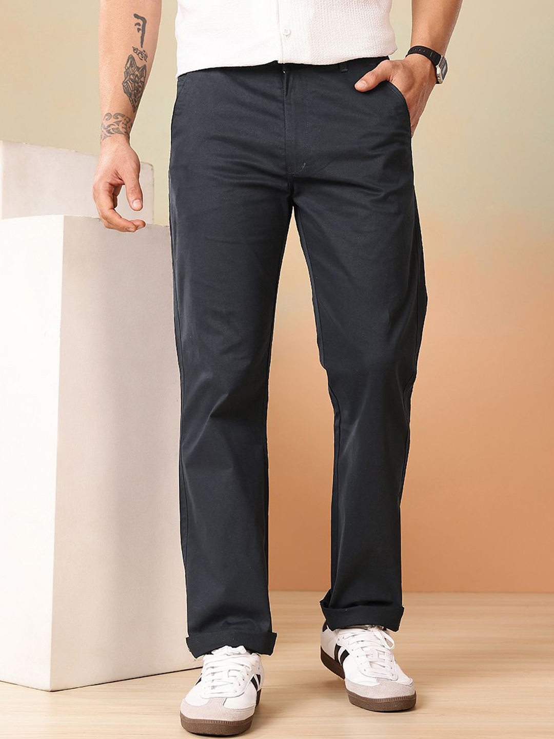 

R.Code by The Roadster Life Co. Men Relaxed Straight Leg Straight Fit Chinos Trousers, Navy blue